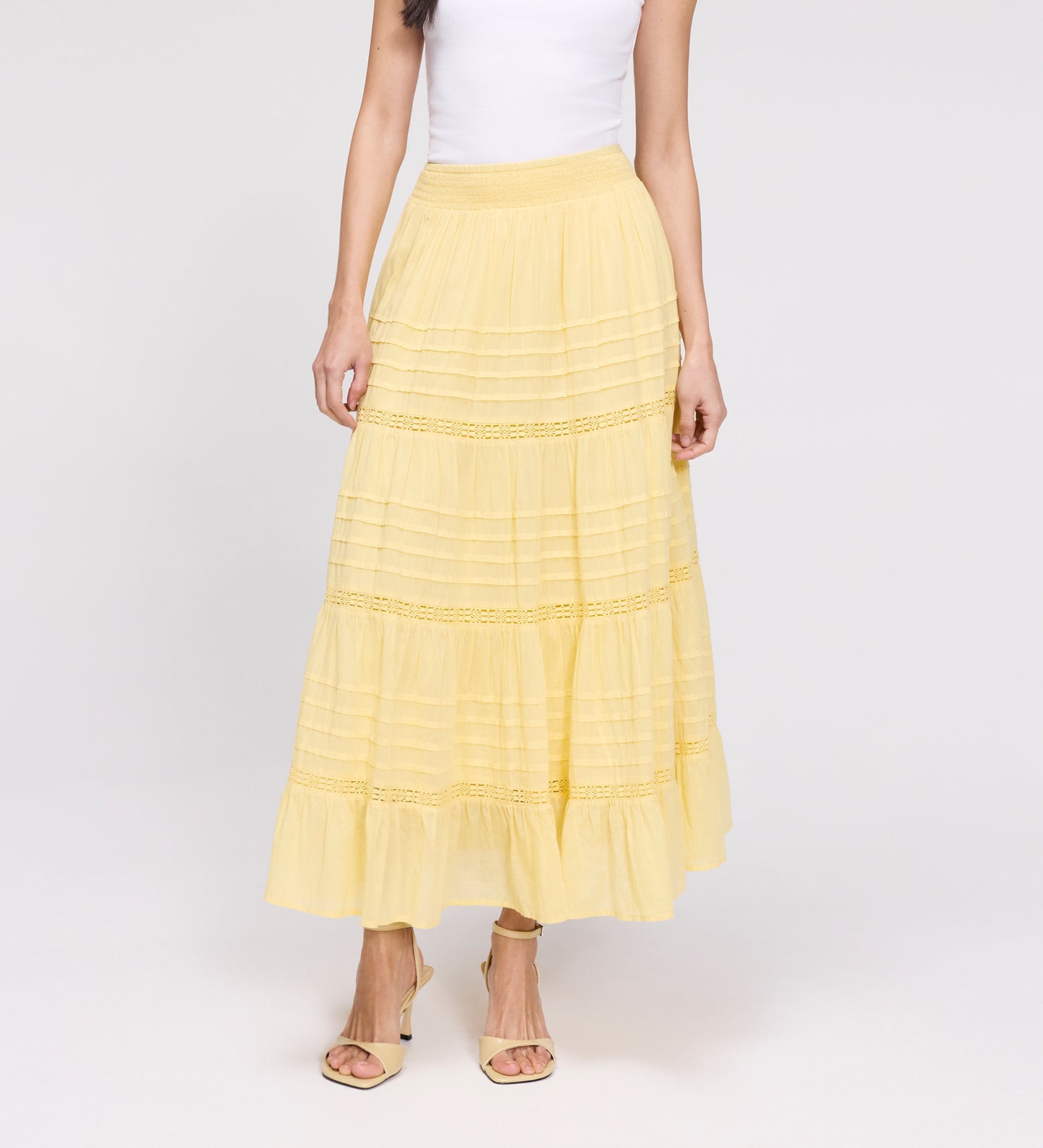 Imani Yellow Cotton Lace Tiered Midi Skirt