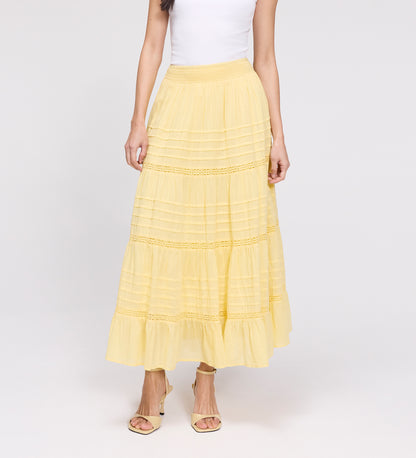 Imani Yellow Cotton Lace Tiered Midi Skirt