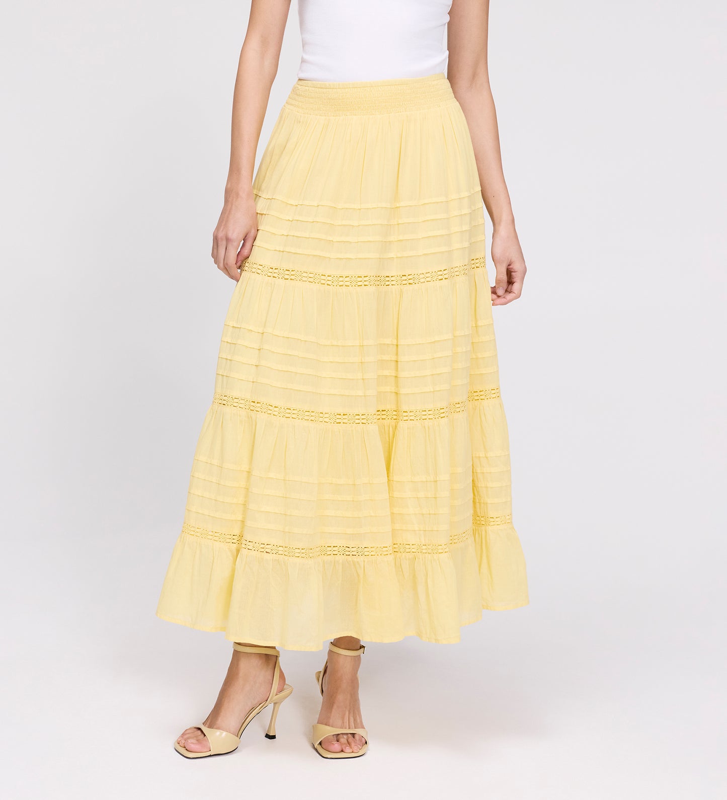Imani Yellow Cotton Lace Tiered Midi Skirt
