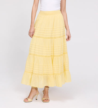 Imani Yellow Cotton Lace Tiered Midi Skirt