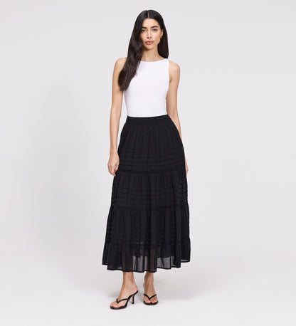 Imani Black Cotton Lace Tiered Midi Skirt