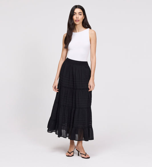 Imani Black Cotton Lace Tiered Midi Skirt