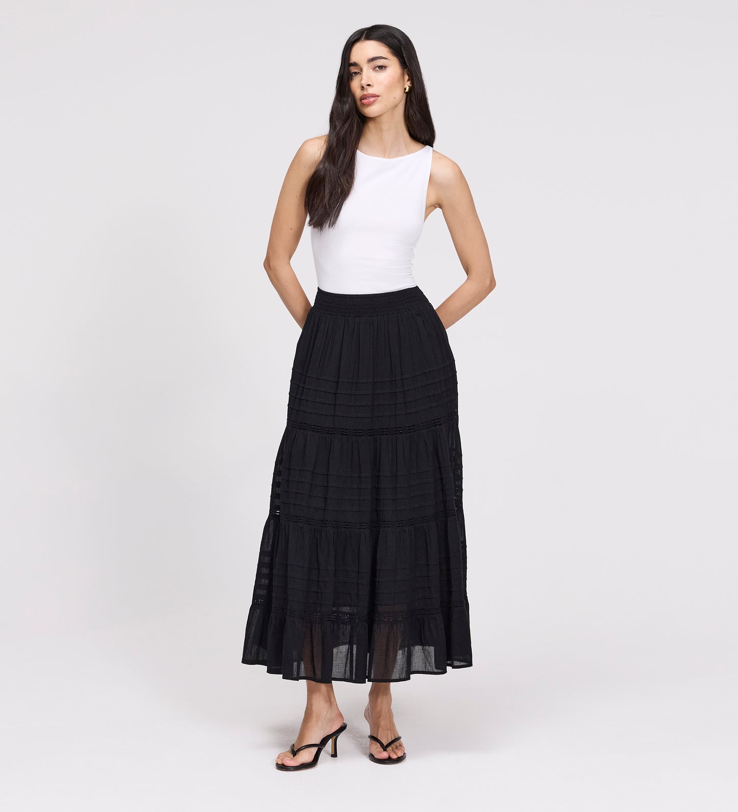 Imani Black Cotton Lace Tiered Midi Skirt