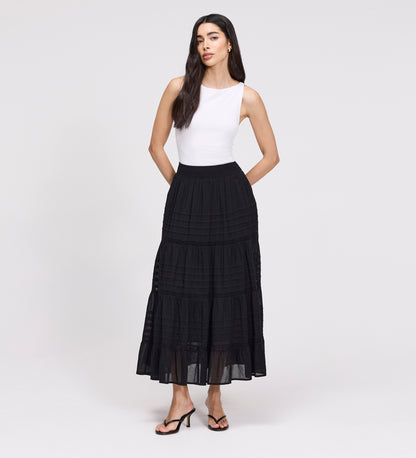Imani Black Cotton Lace Tiered Midi Skirt