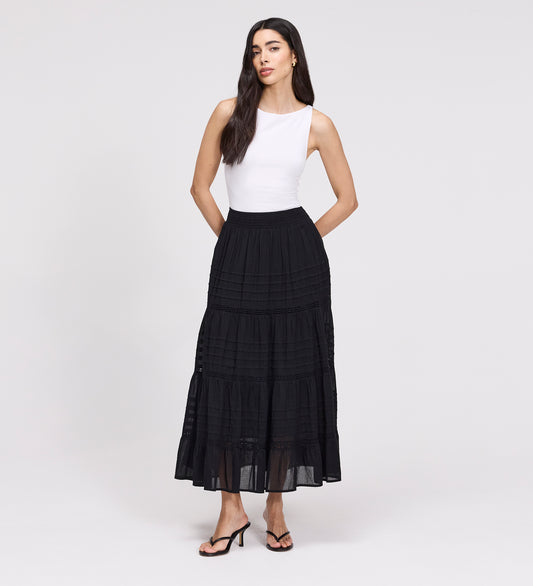 Imani Black Cotton Lace Trim Midi Skirt