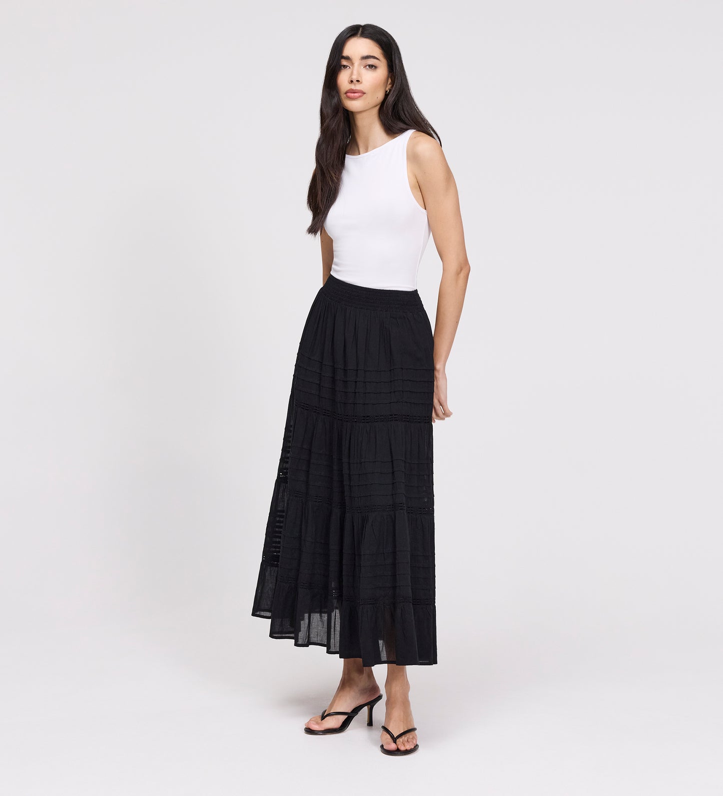 Imani Black Cotton Lace Tiered Midi Skirt