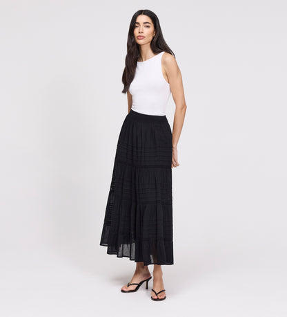 Imani Black Cotton Lace Tiered Midi Skirt