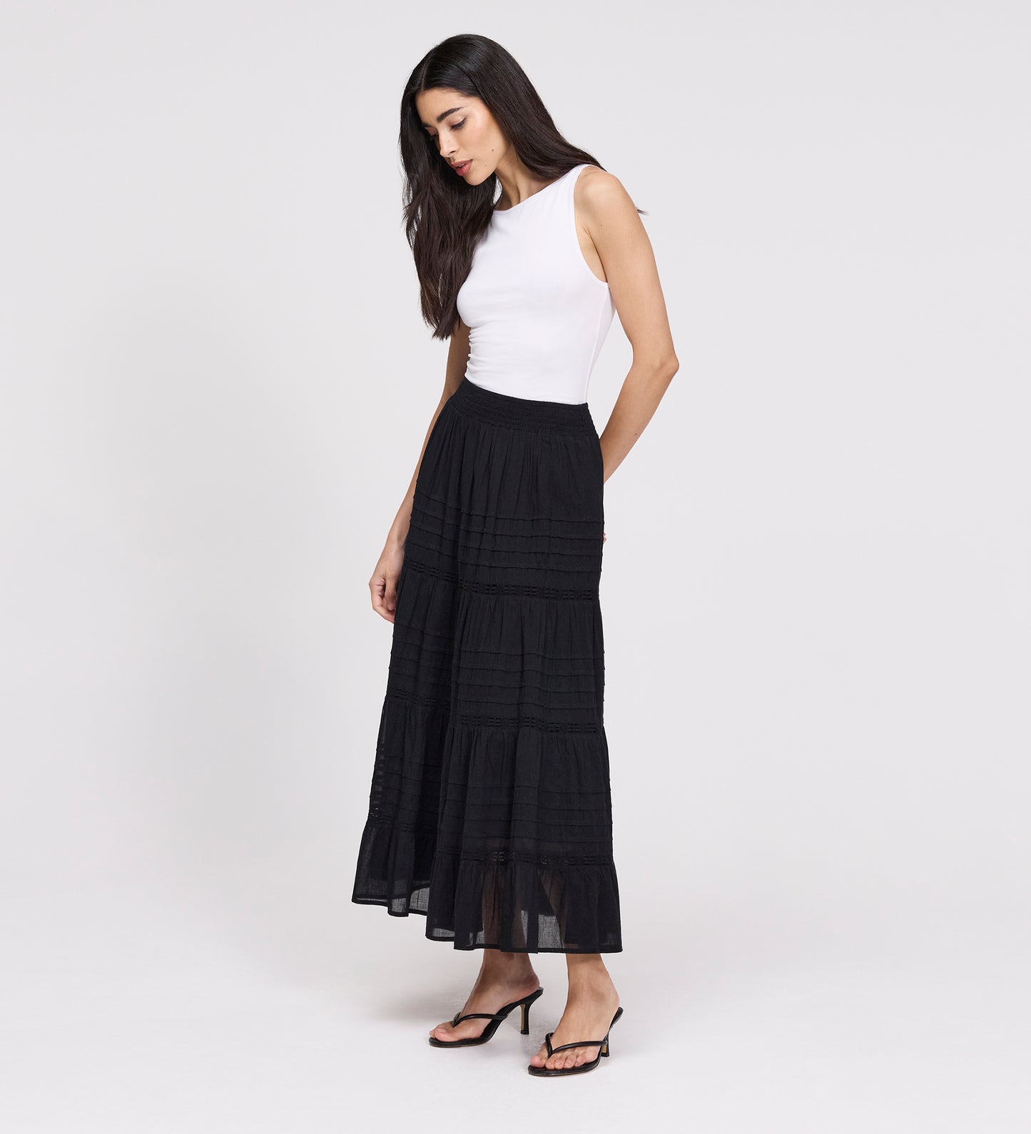 Imani Black Cotton Lace Tiered Midi Skirt