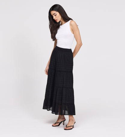 Imani Black Cotton Lace Tiered Midi Skirt