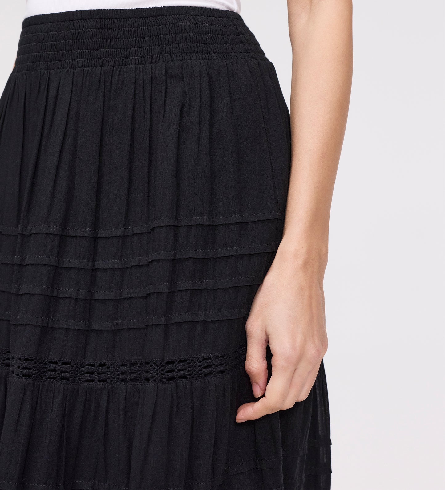 Imani Black Cotton Lace Tiered Midi Skirt