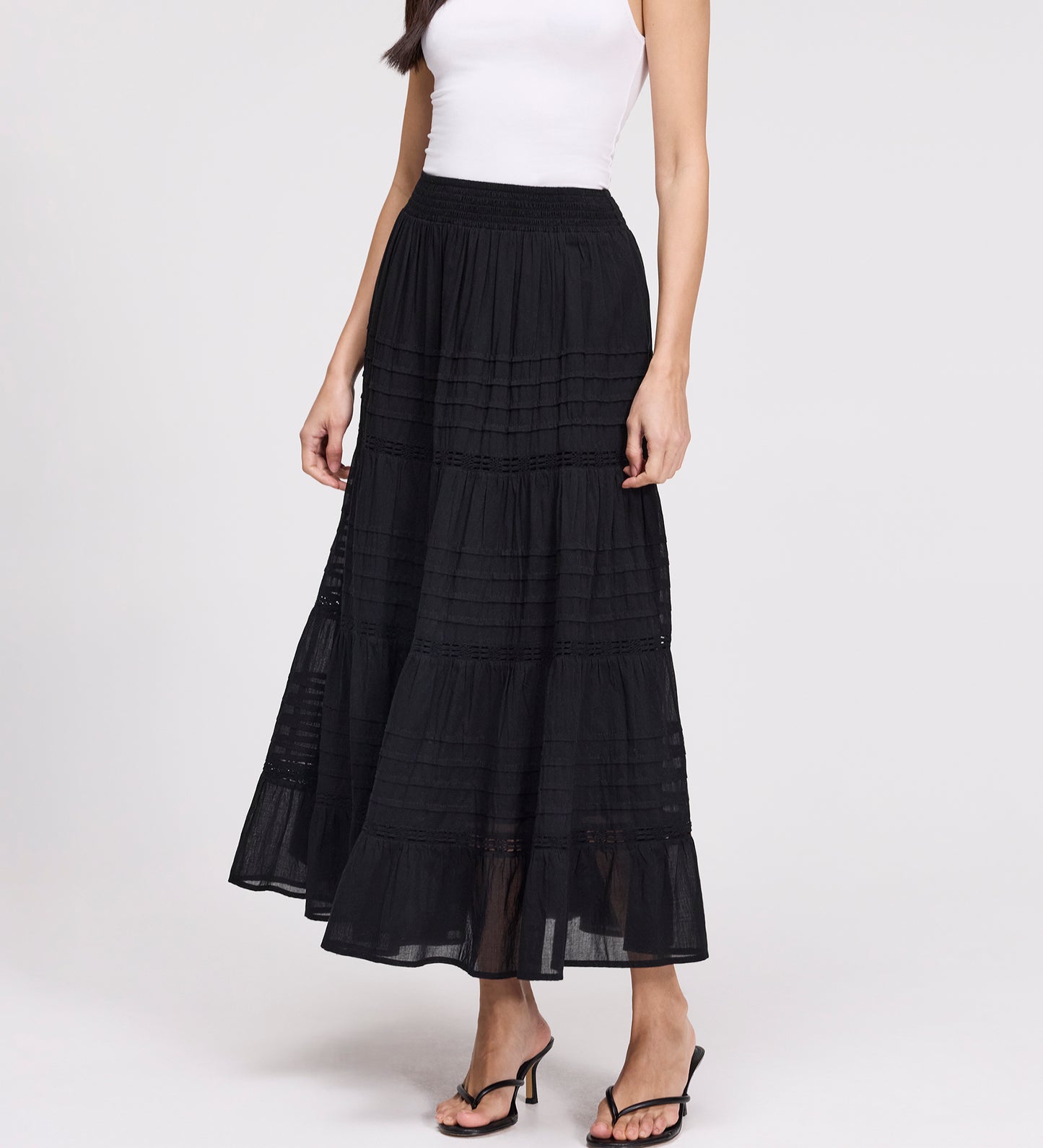 Imani Black Cotton Lace Tiered Midi Skirt
