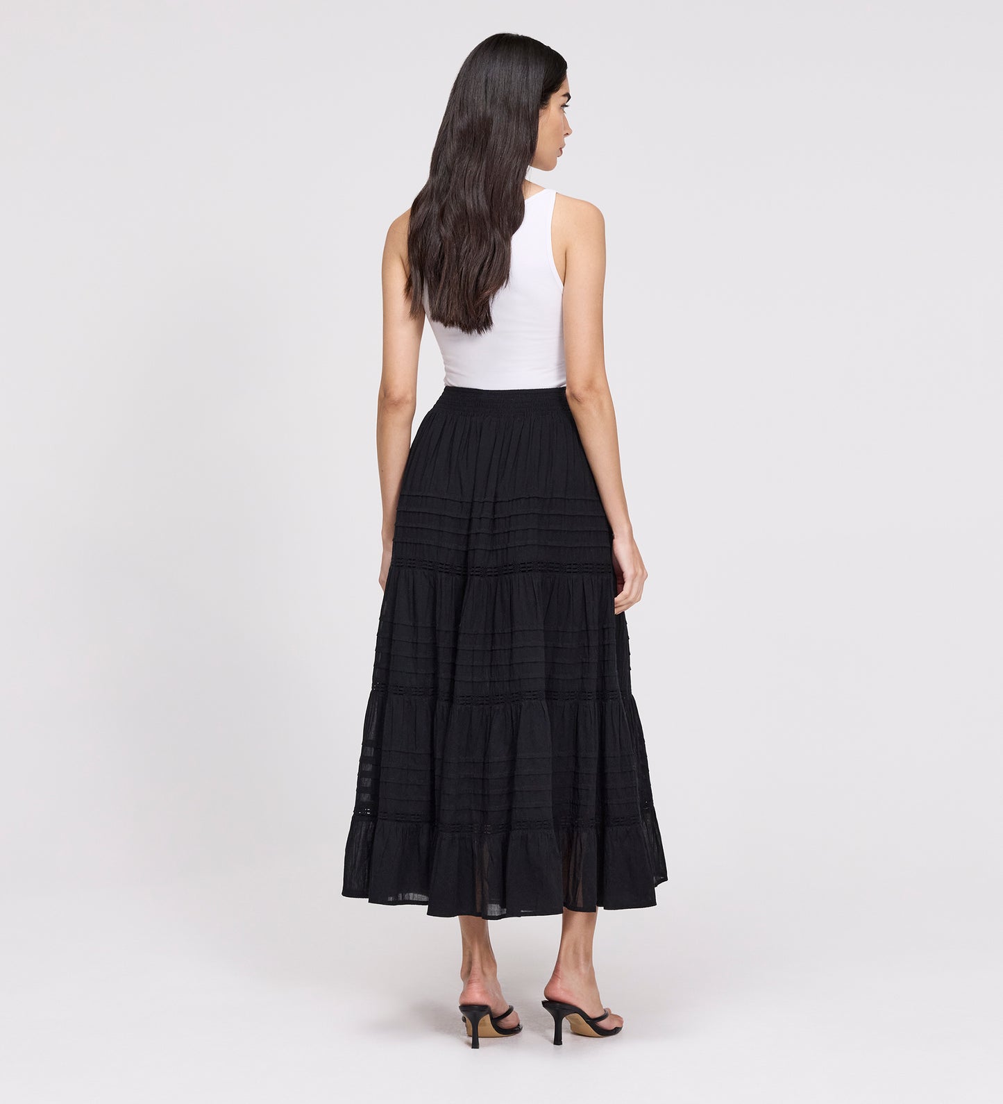 Imani Black Cotton Lace Tiered Midi Skirt