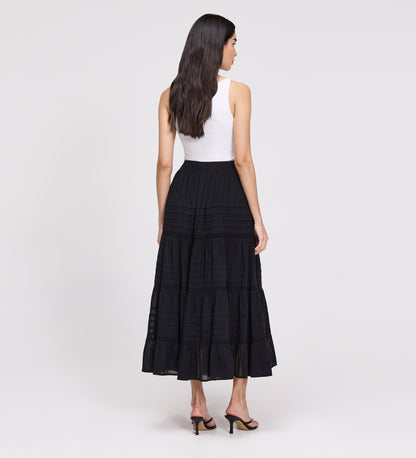 Imani Black Cotton Lace Tiered Midi Skirt