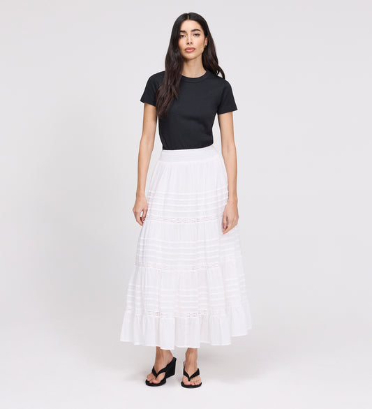 Imani White Cotton Lace Tiered Midi Skirt
