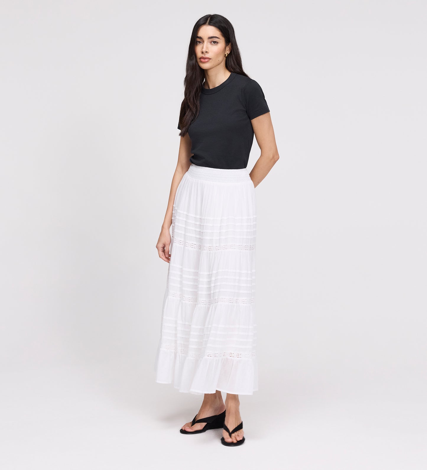 Imani White Cotton Lace Tiered Midi Skirt