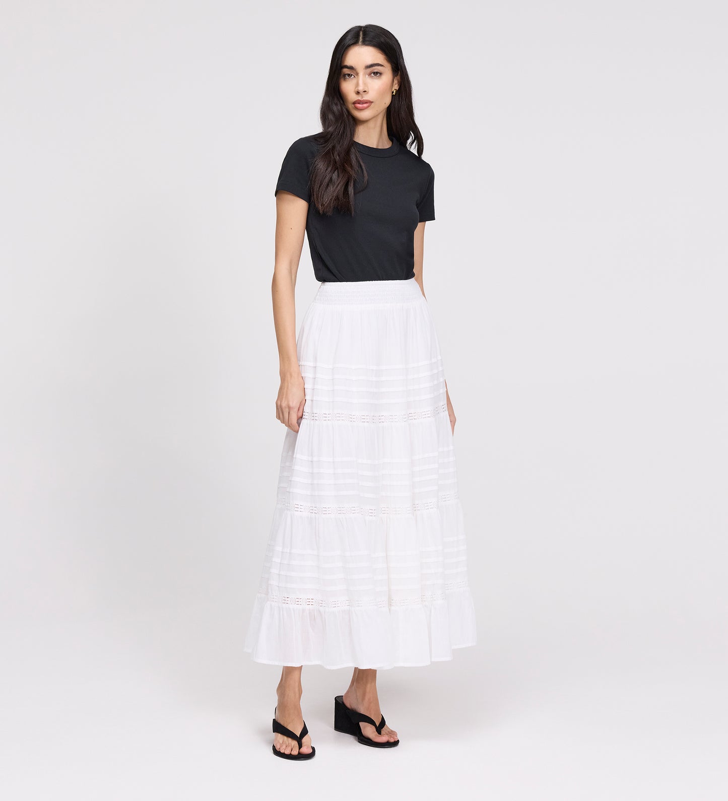Imani White Cotton Lace Tiered Midi Skirt