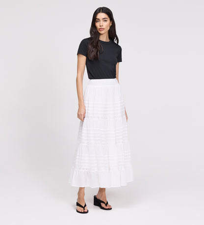 Imani White Cotton Lace Tiered Midi Skirt