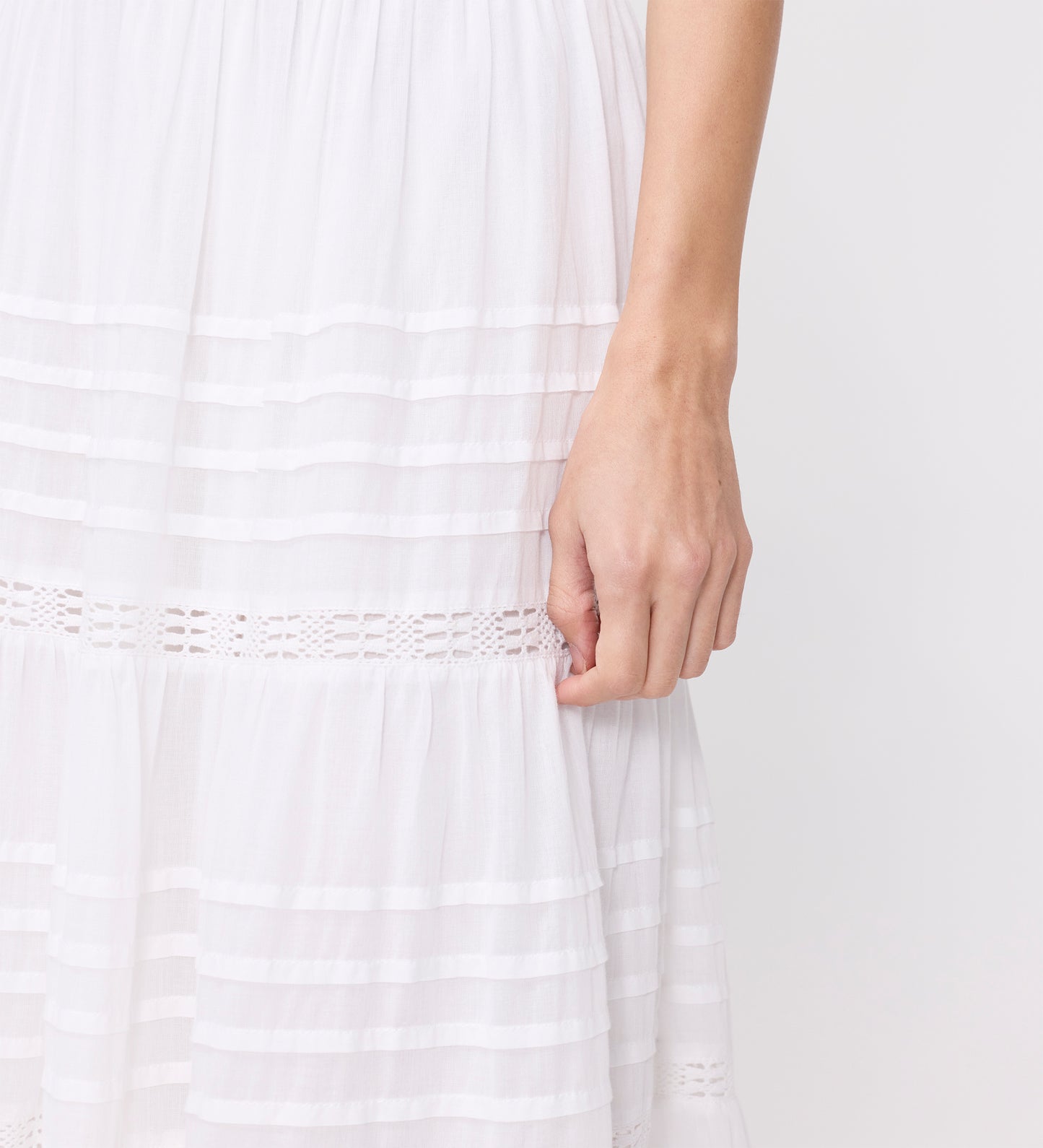 Imani White Cotton Lace Tiered Midi Skirt