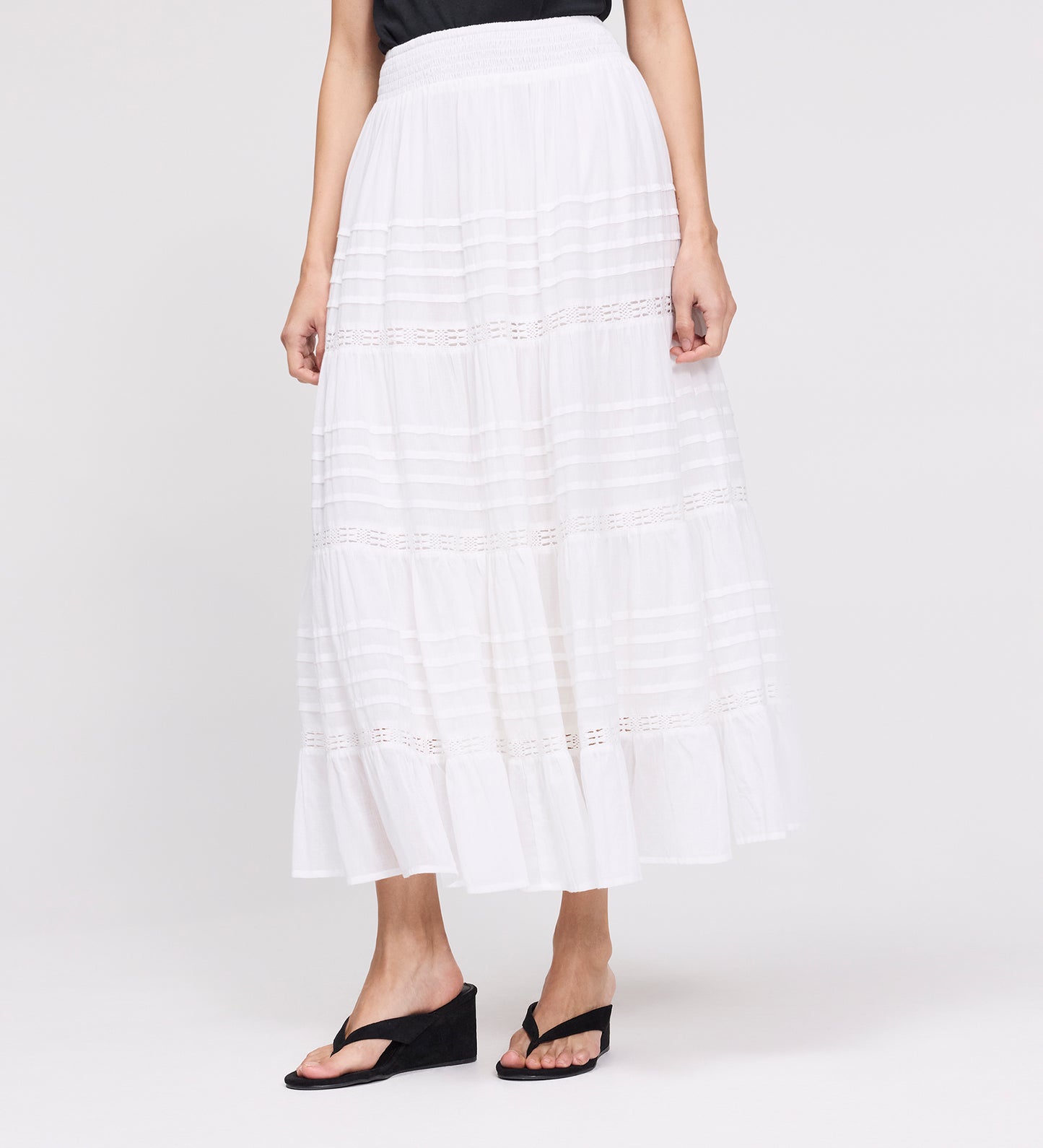Imani White Cotton Lace Tiered Midi Skirt