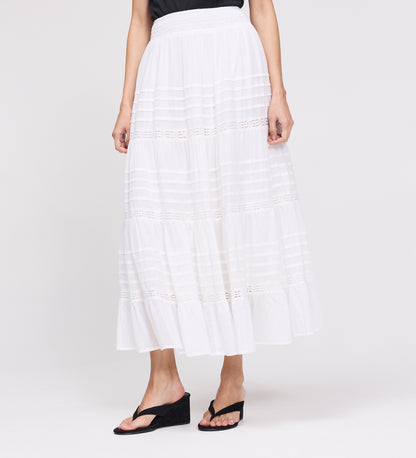 Imani White Cotton Lace Tiered Midi Skirt