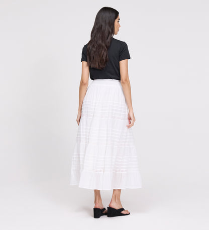 Imani White Cotton Lace Tiered Midi Skirt