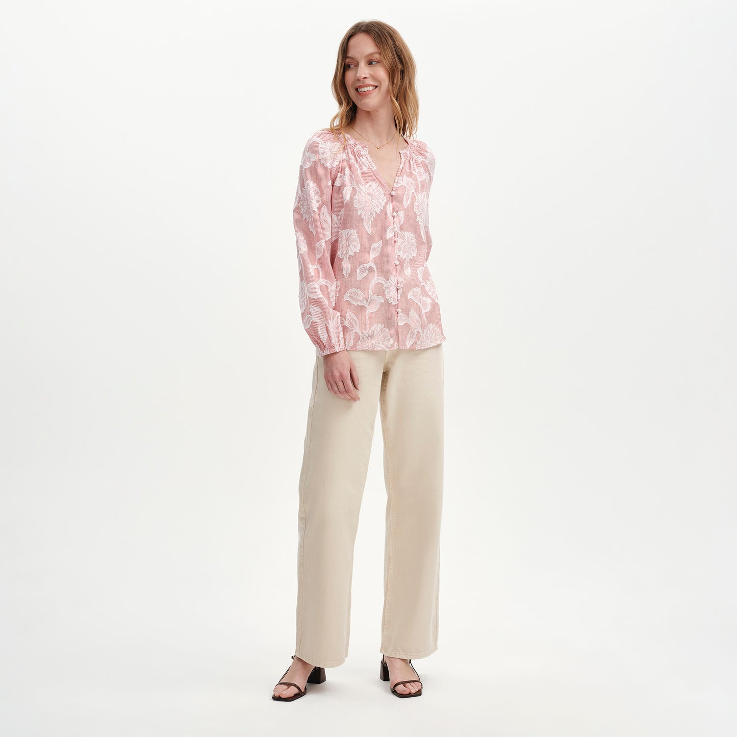 Ivie Red Floral Jacquard Stripe Button-Through Blouse