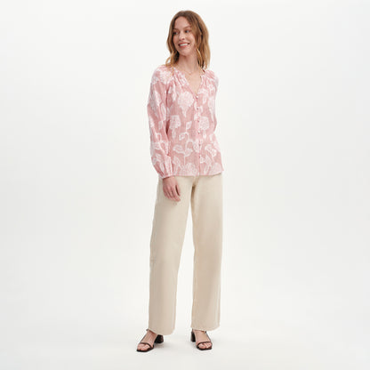 Ivie Red Floral Jacquard Stripe Button-Through Blouse