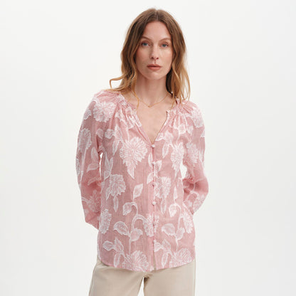 Ivie Red Floral Jacquard Stripe Button-Through Blouse