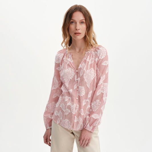 Ivie Red Floral Jacquard Stripe Button-Through Blouse