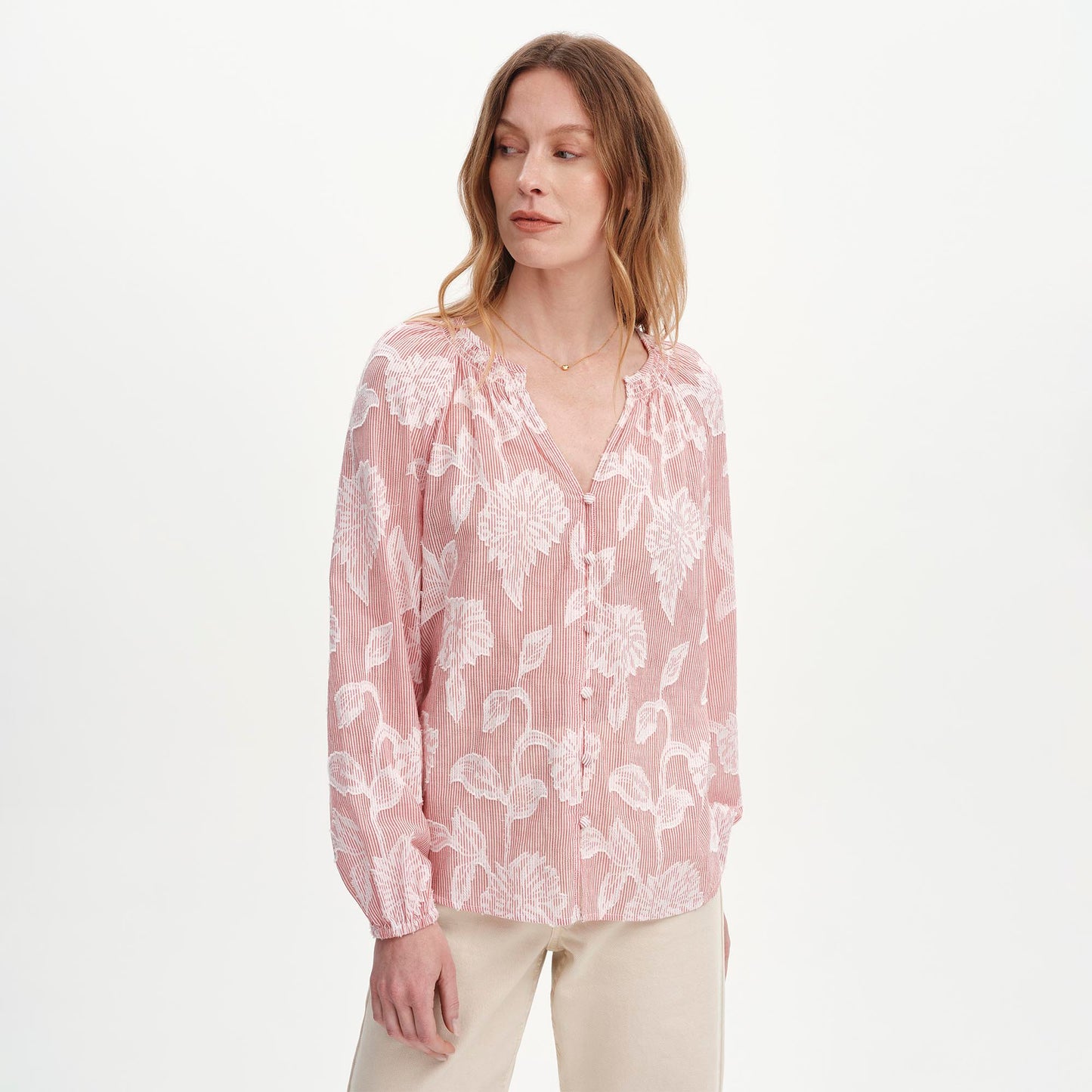 Ivie Red Floral Jacquard Stripe Button-Through Blouse