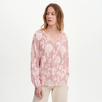 Ivie Red Floral Jacquard Stripe Button-Through Blouse