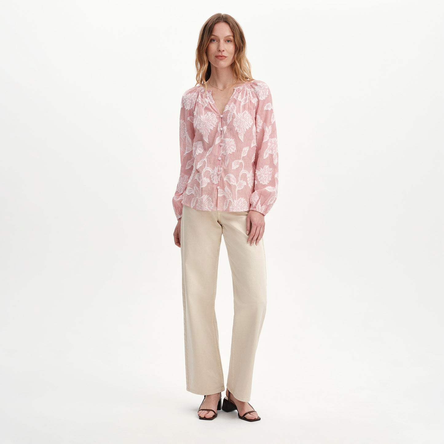 Ivie Red Floral Jacquard Stripe Button-Through Blouse