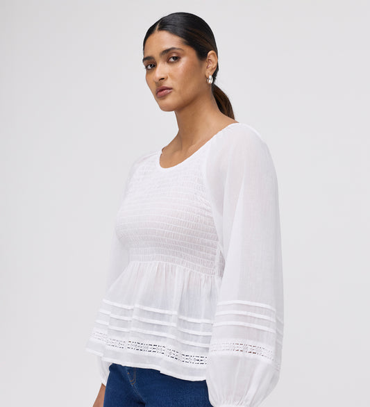 Jennie White Cotton Lace Blouson Sleeves Top