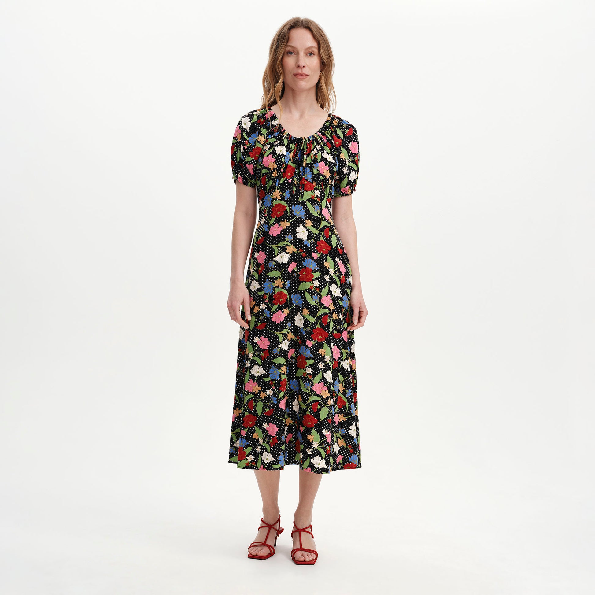 Jada Black Floral Puff Sleeve Empire Waist Midi Dress – Finery London