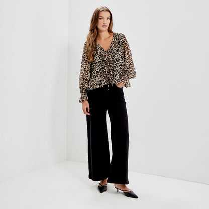 Janelle Natural Animal Chiffon Ruffle Tie-Front Blouse