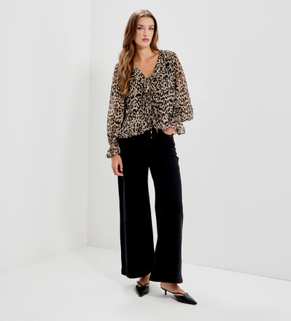 Janelle Natural Animal Chiffon Ruffle Tie-Front Blouse
