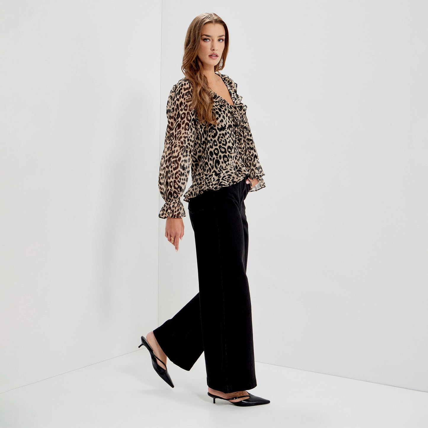 Janelle Natural Animal Chiffon Ruffle Tie-Front Blouse