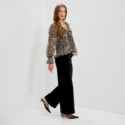 Janelle Natural Animal Chiffon Ruffle Tie-Front Blouse
