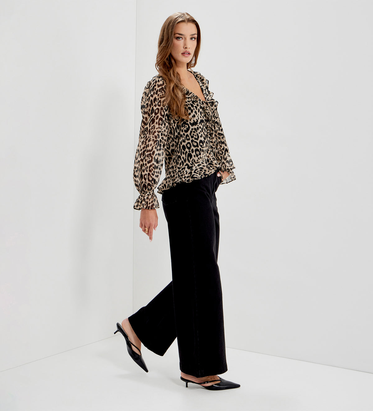 Janelle Natural Animal Chiffon Ruffle Tie-Front Blouse