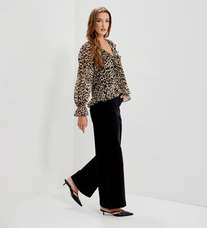 Janelle Natural Animal Chiffon Ruffle Tie-Front Blouse