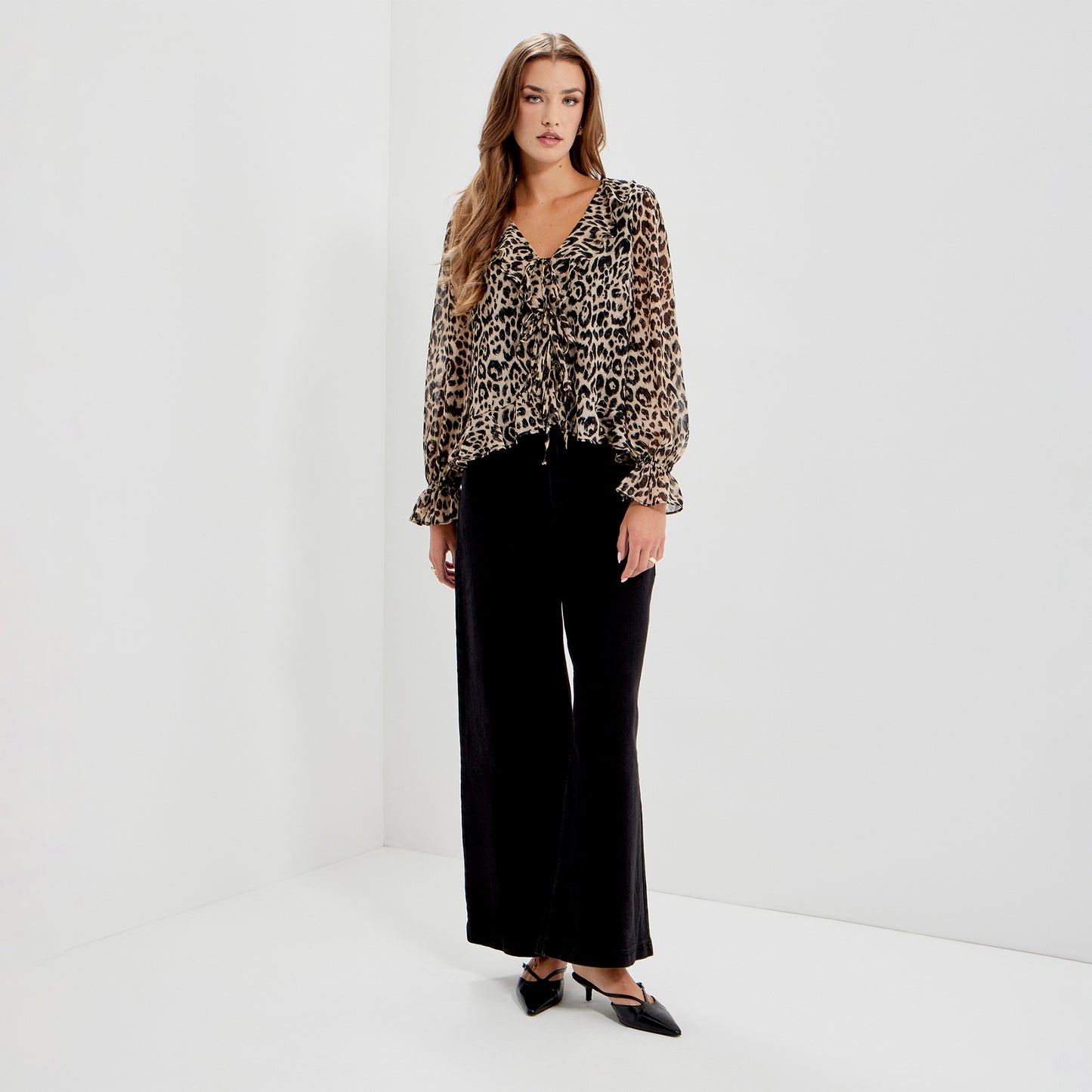 Janelle Natural Animal Chiffon Ruffle Tie-Front Blouse