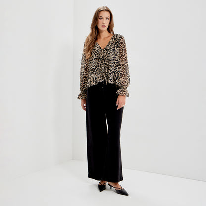 Janelle Natural Animal Chiffon Ruffle Tie-Front Blouse