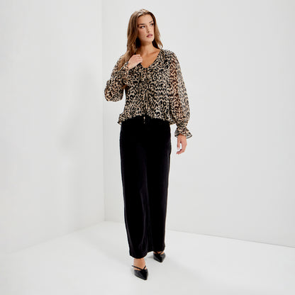 Janelle Natural Animal Chiffon Ruffle Tie-Front Blouse