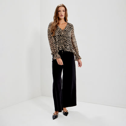 Janelle Natural Animal Chiffon Ruffle Tie-Front Blouse