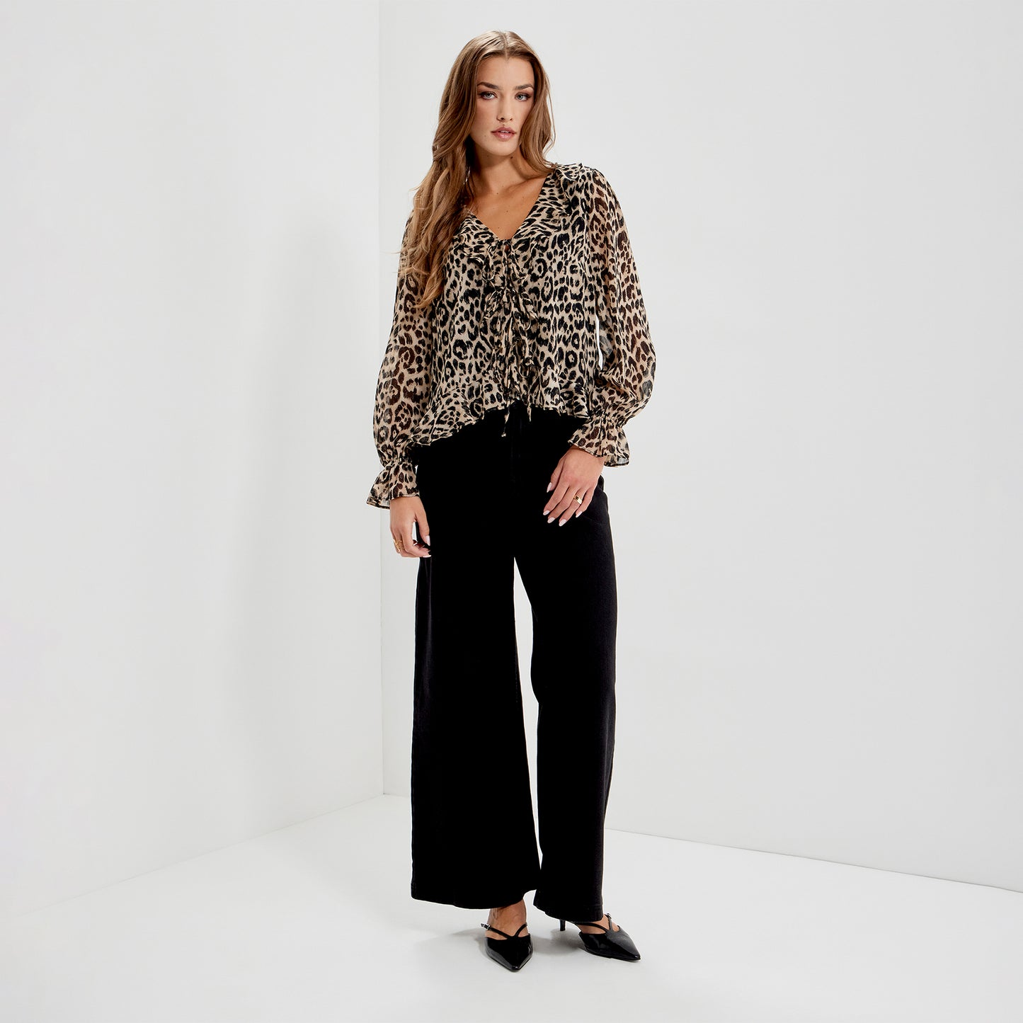 Janelle Natural Animal Chiffon Ruffle Tie-Front Blouse