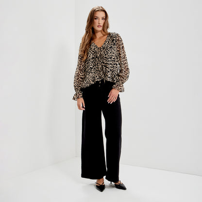 Janelle Natural Animal Chiffon Ruffle Tie-Front Blouse