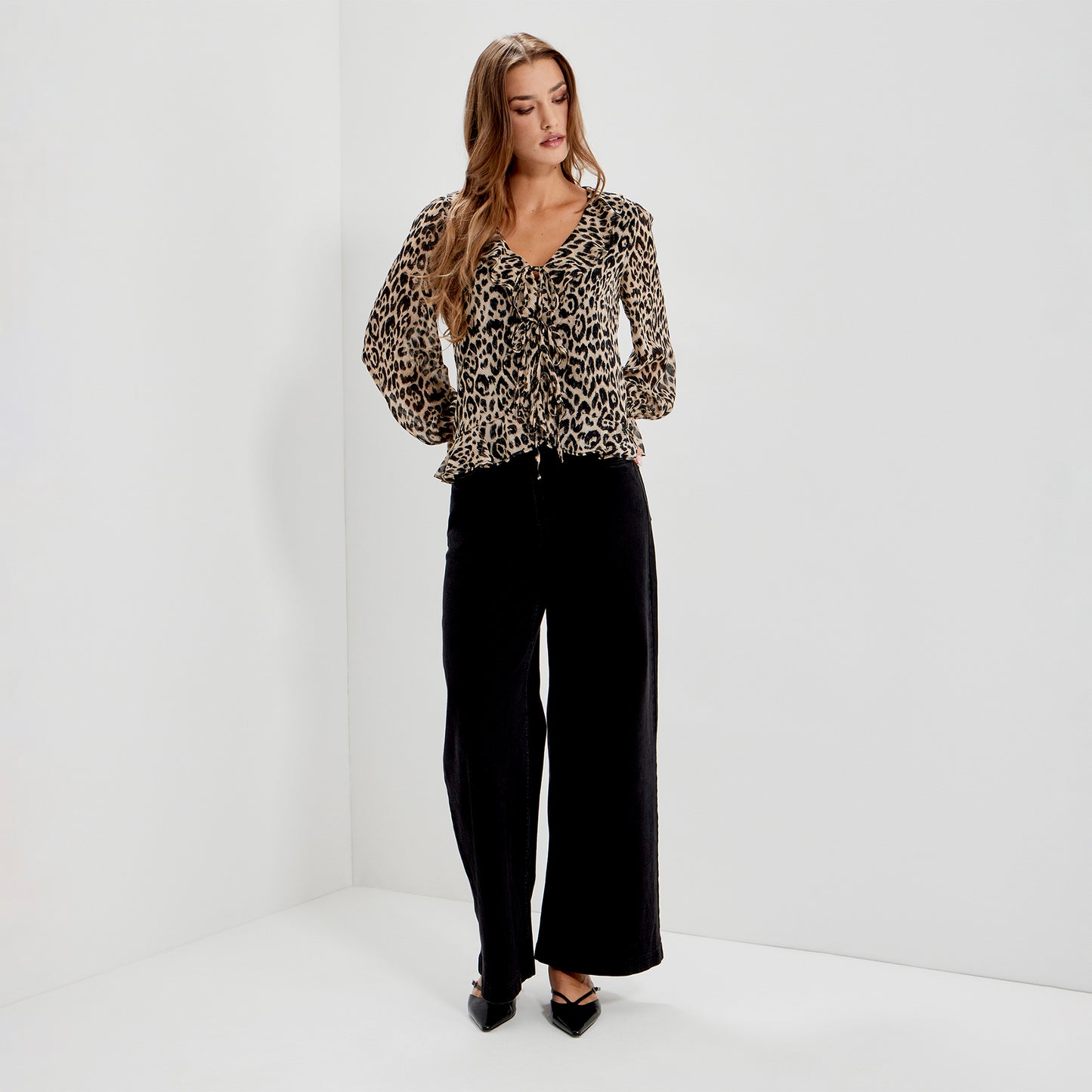 Janelle Natural Animal Chiffon Ruffle Tie-Front Blouse