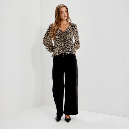 Janelle Natural Animal Chiffon Ruffle Tie-Front Blouse