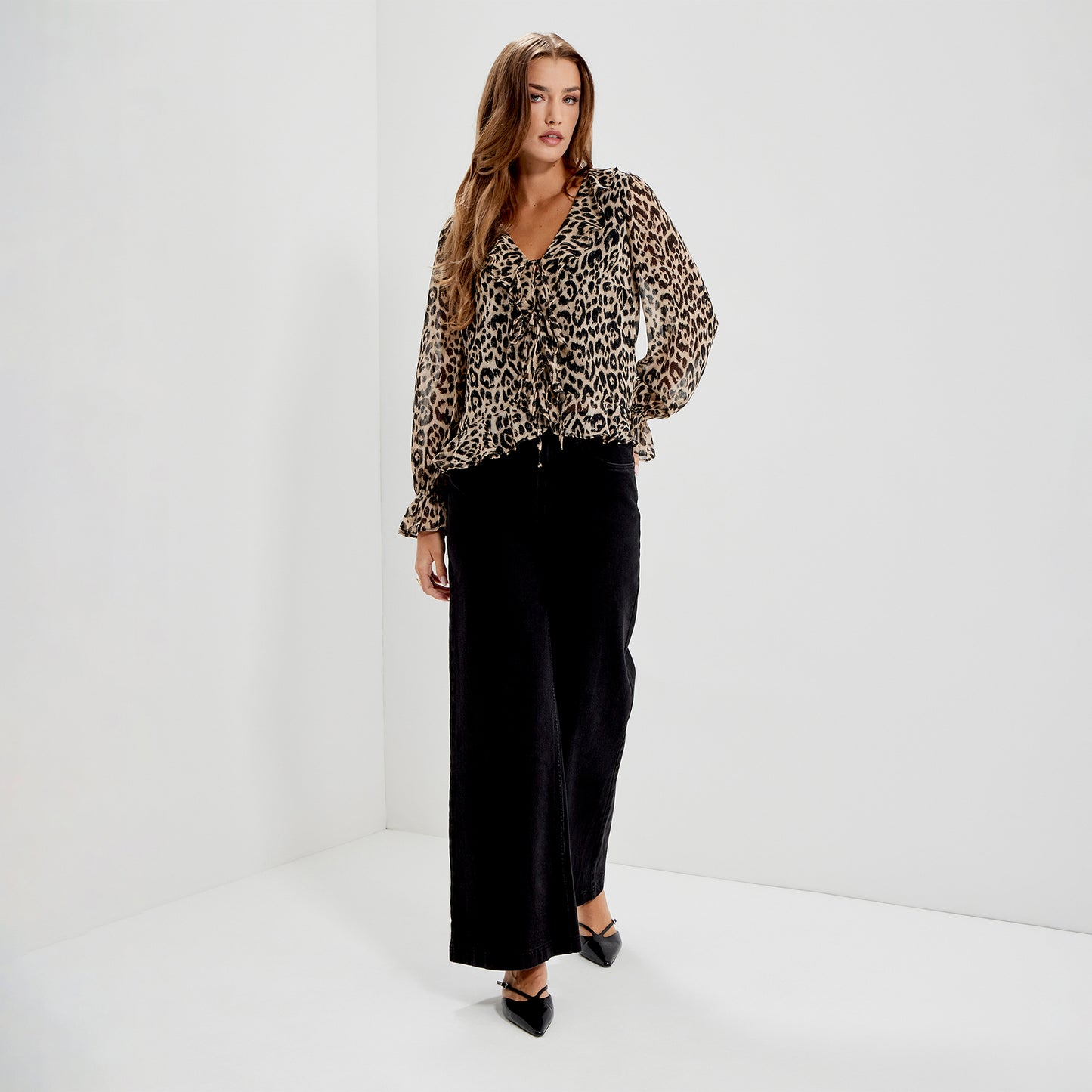 Janelle Natural Animal Chiffon Ruffle Tie-Front Blouse