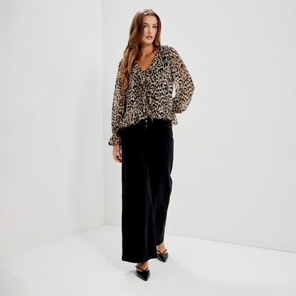 Janelle Natural Animal Chiffon Ruffle Tie-Front Blouse